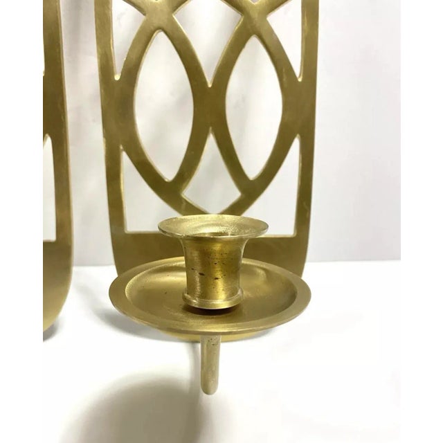 Vintage Hollywood Regency Brass Geometric Wall Sconces – Pierced Brass Candle Holders (Pair) For Sale In Louisville - Image 6 of 9