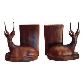 1940s Hand Carved Hardwood Deer Bookends - a Pair For Sale