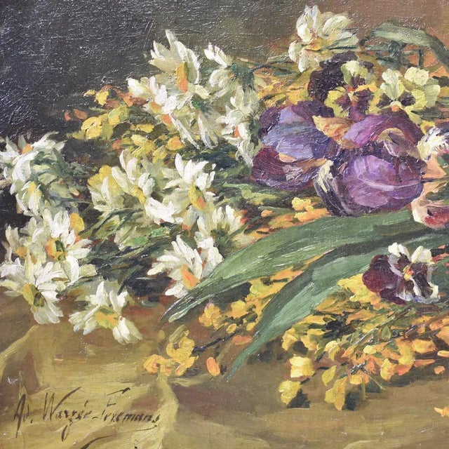 Flowers artwork, oil painting, floral painting which represents Iris And Daisies. It also has a gold leaf frame realised...