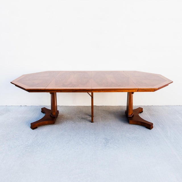1980s Restored Walnut Burl Expandable Dining Table on Pedestal Base by Baker For Sale - Image 13 of 15