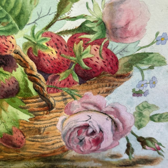 Charming vintage watercolor of basket filled with flowers and strawberries. Signed by K. Pickard December 1879. Bird’s Eye...