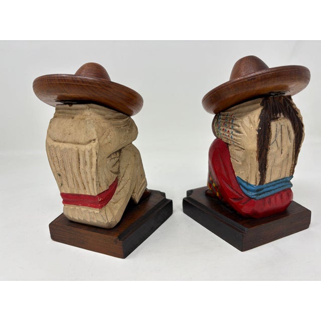 Red Vintage Mexican Carved Wood Sculpture Polychrome Bookends Siesta Folk Art 1950s For Sale - Image 8 of 11