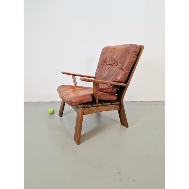 Brutalist Brutalist Wood Armchair with Brown Leather Upholstery, Germany, 1960s For Sale - Image 3 of 15
