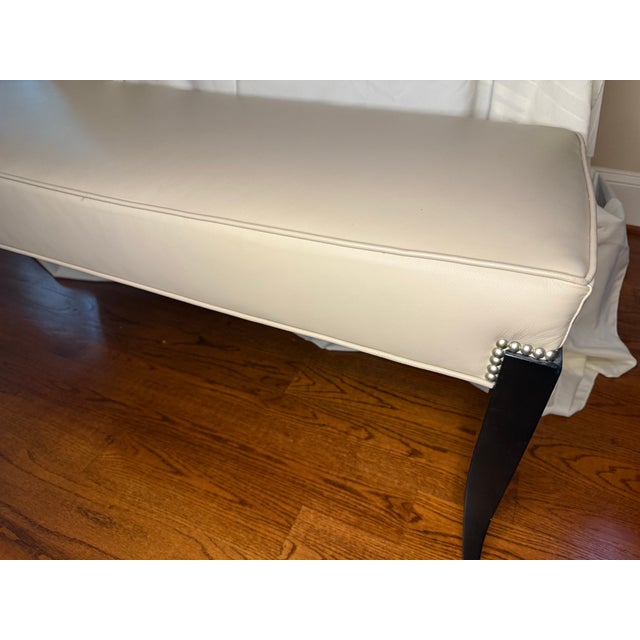 Early 21st Century Hollywood Regency Style Cream Leather Bench With Black Saber Legs & Nailhead Trim For Sale - Image 5 of 5