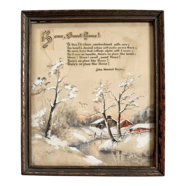Antique Watercolor Painting of Homestead & Barn in Winter W/ Home Sweet Home Poem For Sale