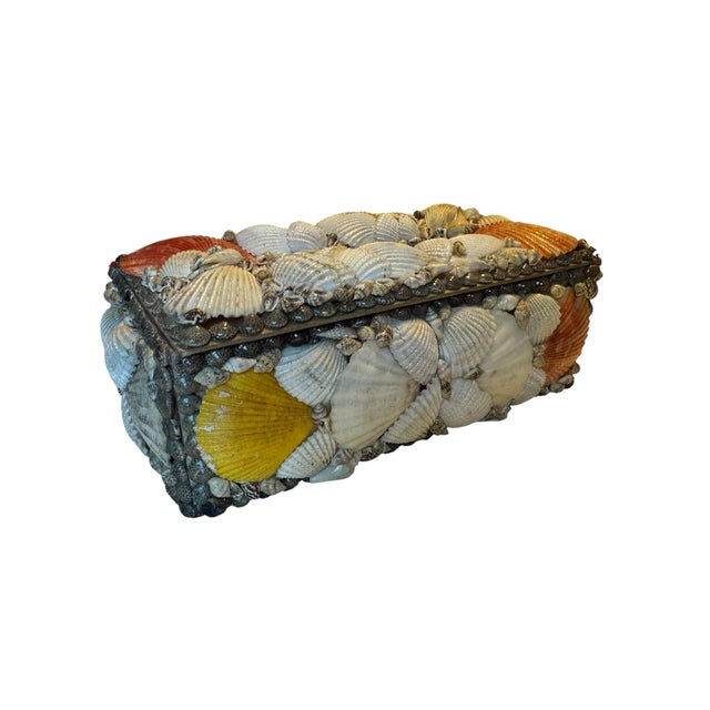 Red Vintage Handmade Seashell Encrusted Coastal Folk Art Tissue Box Cover With Red Velvet Lining For Sale - Image 8 of 8