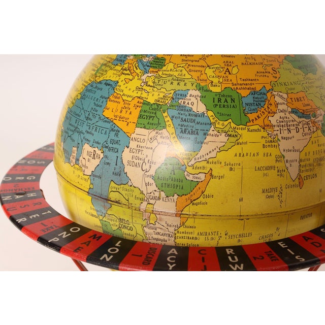 Vintage Replogle Yellow and Red Tin Litho "Globe Grams' Spinning World Globe For Sale - Image 13 of 18