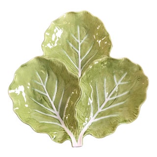 Mid-Century Bordallo Pinheiro Majolica Green Cabbage Leaf Three Section Serving Dish For Sale