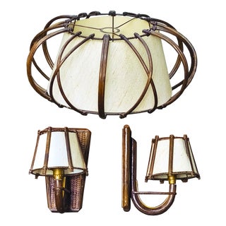 Rattan Pendant Light and Wall Lights by Louis Sognot, France, 1950s, Set of 3 For Sale