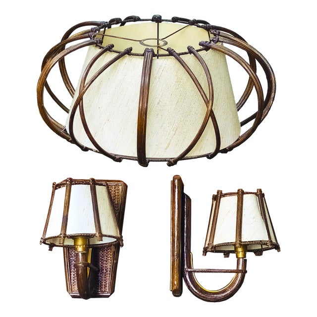 Rattan Pendant Light and Wall Lights by Louis Sognot, France, 1950s, Set of 3 For Sale