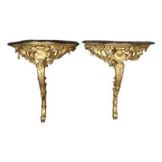 Pair of 18th Century French Rococo Louis XV Carved Gilt Wood Marble Top Consoles For Sale