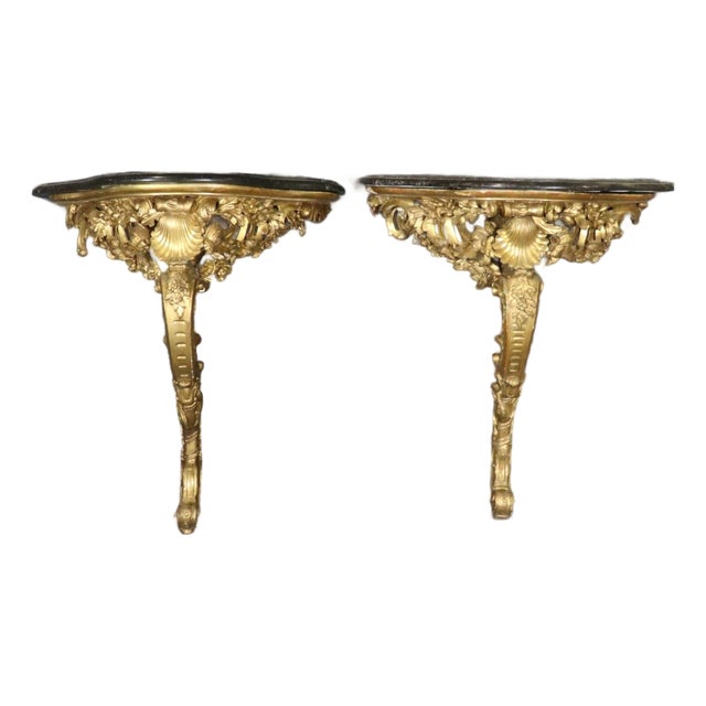Pair of 18th Century French Rococo Louis XV Carved Gilt Wood Marble Top Consoles For Sale