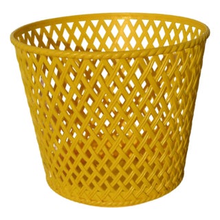 1970s Faux Basket Weave Yellow Plastic Wastebasket For Sale