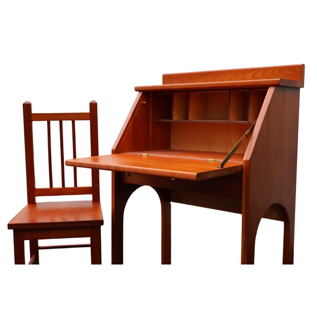 1970s Childs Custom Handcrafted Cherry Drop-Front Secretary Desk & Chair For Sale - Image 11 of 18