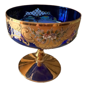 1980s Murano Attributed Venetian Glass Compote in Cobalt Blue and Gold