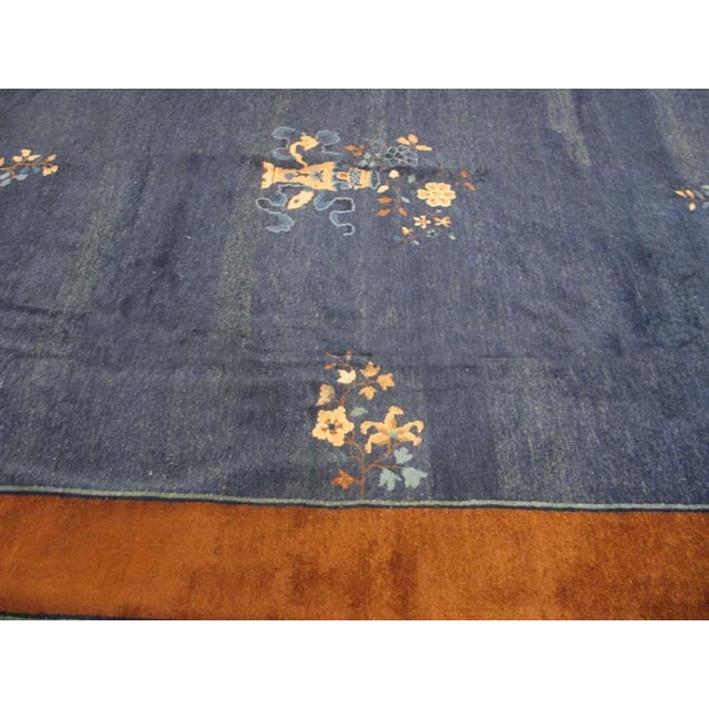 Early 20th Century 1900s Navy Blue Floral Antique Chinese Peking Rug 8'3" X 9'9" Handknotted Wool Carpet For Sale - Image 5 of 6