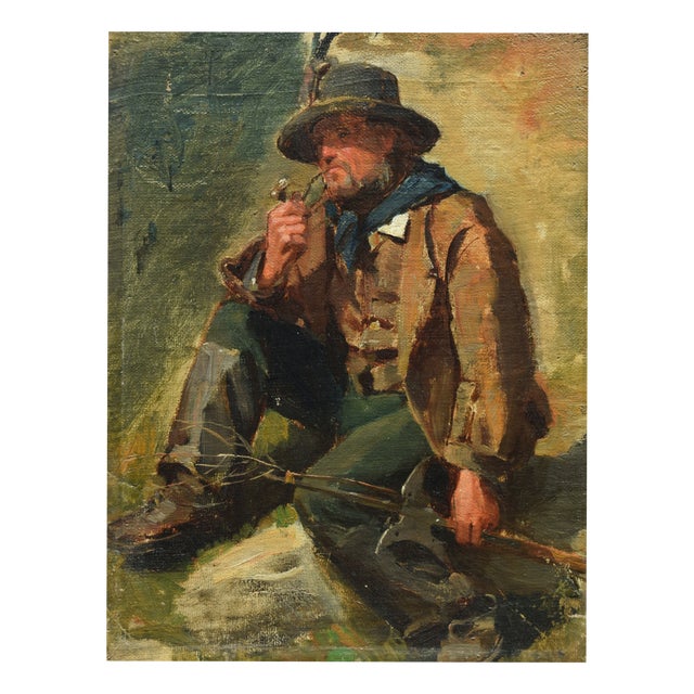 Rudolf Schick, Pipe-Smoking Mountain Farmer, 1800s, Oil Painting on Canvas, Framed For Sale