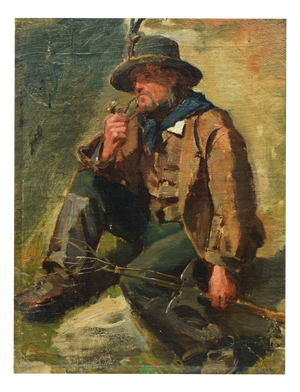 Rudolf Schick, Pipe-Smoking Mountain Farmer, 1800s, Oil Painting on Canvas, Framed