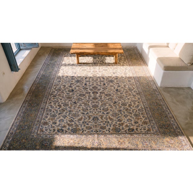 1940s Ivory Floral Antique Persian Formal Kashan Carpet 10' X 16' Knotted Pile Wool Rug For Sale - Image 14 of 15
