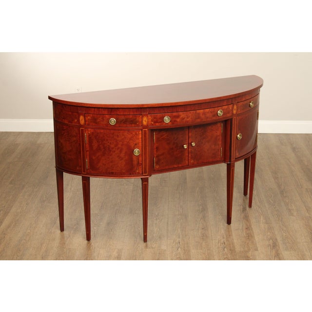 High Quality American Made Vintage Inlaid Mahogany Sideboard Server with Four Drawers and Cabinet Storage, Brass Hardware