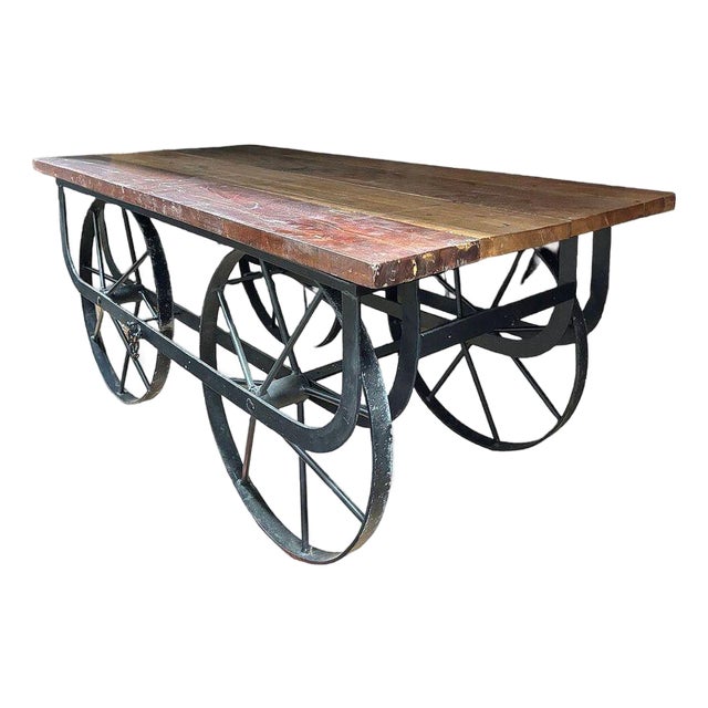 1990s Industrial Iron & Wood Railroad Style Rolling Trolly Cart Coffee Table For Sale