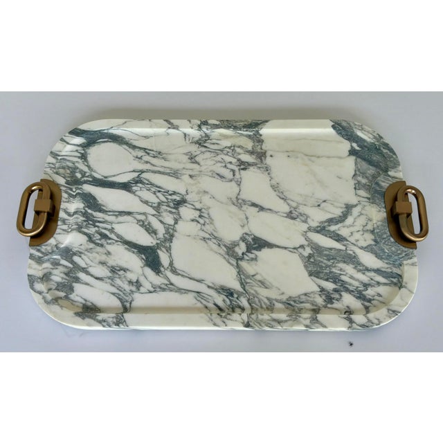 Original retail $834, stylish Revelation Modern White Arabescato Marble Hippodrome Tray, antique brass handles, showroom...
