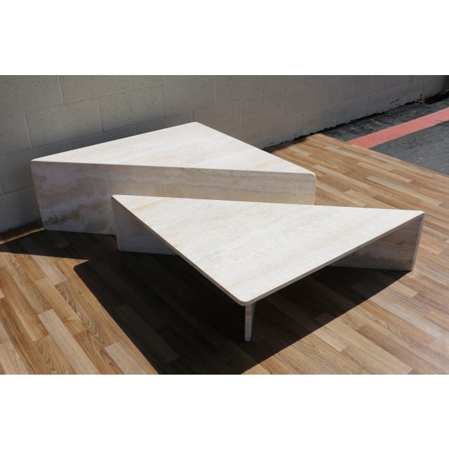 1970s Italian Travertine Triangular Two-Piece Coffee Table For Sale - Image 9 of 18