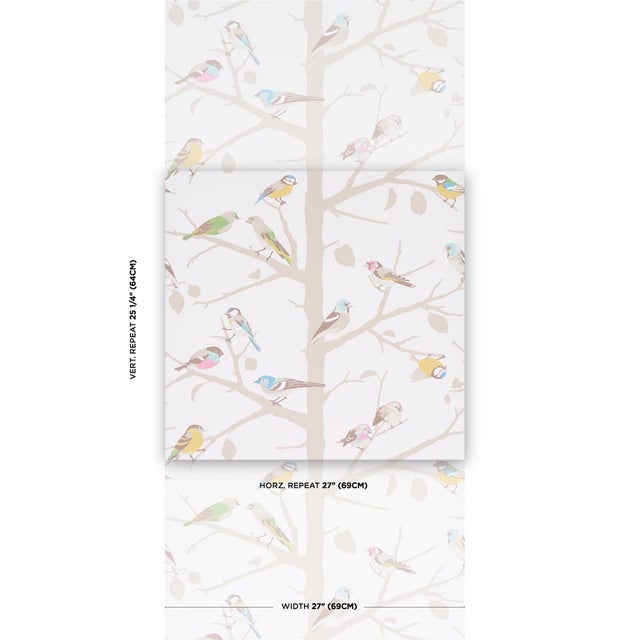 A forest of silhouetted trees provides a soft backdrop for colorful songbirds in this charming, screen-printed wallpaper....