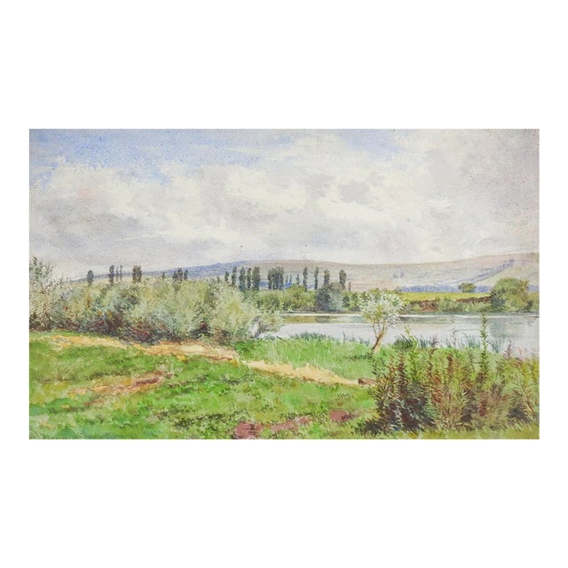 1890 French Plein Air Riverside Landscape Watercolor Painting For Sale