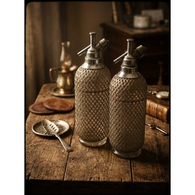 Sparklets Ltd. London, English Seltzer Bottles / Soda Siphons With Original Straws, Red Fill Bands & Woven Metal Mesh - Mid-20th Century Pair For Sale - Image 4 of 12