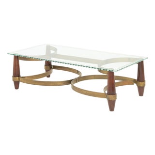 Hollywood Regency Style Brass & Wood Coffee Table For Sale