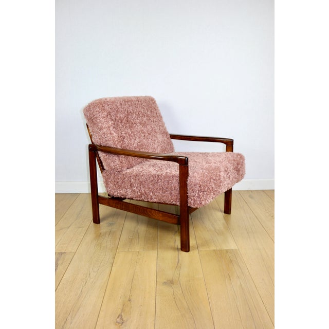 Vintage Wooden Armchair in Pink Long Hair Upholstery from Z. Bączyk, 1970s For Sale - Image 10 of 11