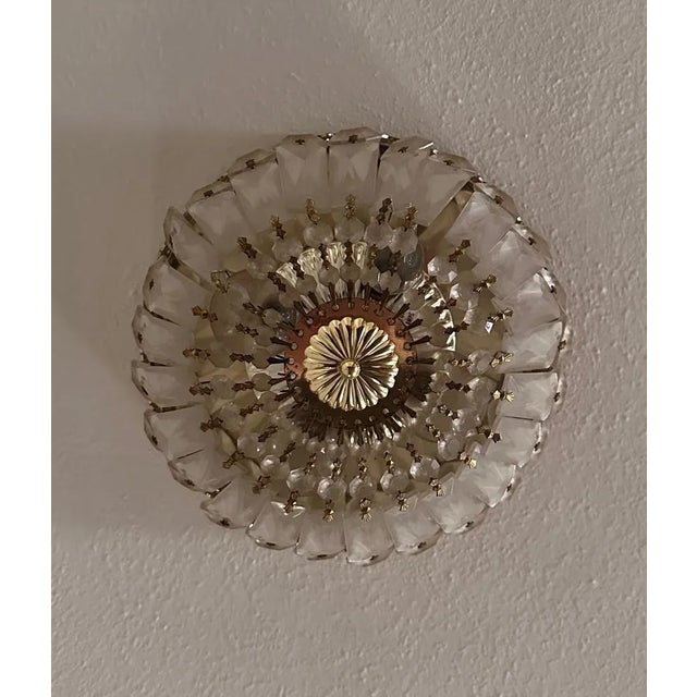 Mid-Century Modern Vintage Hollywood Regency Crystal & Brass Flush Mount Ceiling Light For Sale - Image 3 of 6