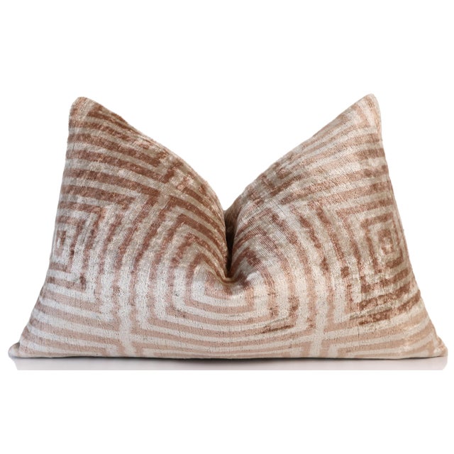 Beige Geometric Silk Velvet Pillow 16x24 Handmade Luxury Cushion For Sale - Image 4 of 8