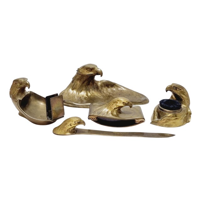 Art Deco Brass Desk Set with Stylized Eagle Heads, 1920s, Set of 5 For Sale