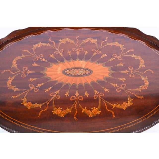 Vintage English Edwardian Oval Marquetry Butler's Tray, 20th Century For Sale - Image 3 of 15