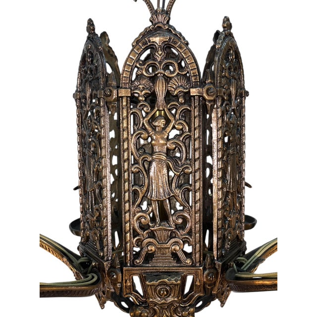 Metal 1920s Cast Bronze 6 Light Chandelier With Ladies and Revived Original Finish #2596 For Sale - Image 7 of 14