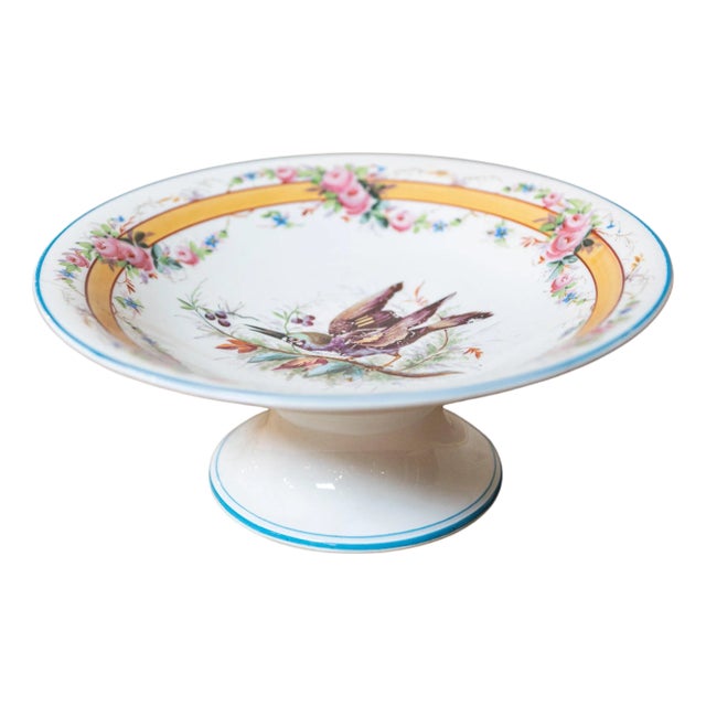 Early 20th French, Hand-Painted Porcelain Compote with Birds and Floral Motif For Sale
