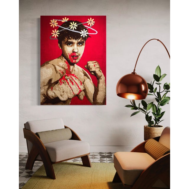 Textile Cedric Vu "Phosphenes" Large Tufted Yarn Self Portrait, Boxer Figure, Daisy Halo, Deep Red, Contemporary California Textile Art, Pop Art, 2025 For Sale - Image 7 of 7