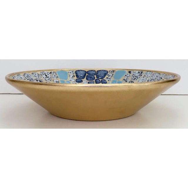 10 inch abstract tile design mosaic bowl. Bowl interior mosaic made from glazed flat tiles outside of bowl is gold...