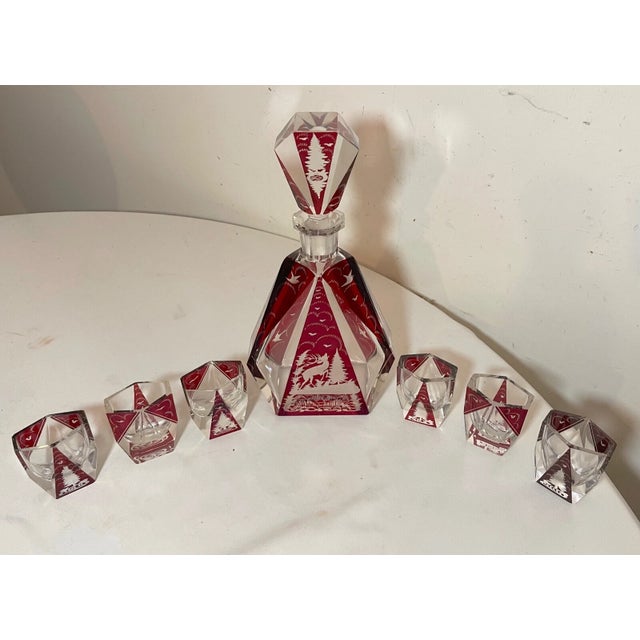 1910s Antique Cut to Clear Crystal Moser Czech Bohemian Red Deco Glass Decanter Set For Sale - Image 5 of 12