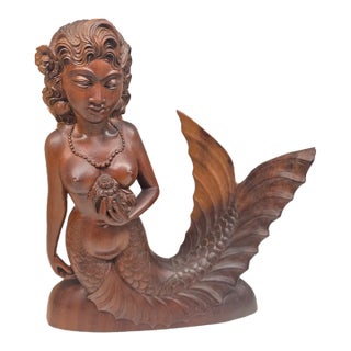 Signed 1950s Monumental Mid-Century Balinese Art Deco Mermaid Hardwood Sculpture by a.a. Fatimah For Sale
