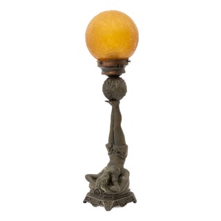Art Deco Figural Amber Glass Globe Shade Lamp For Sale