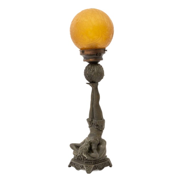 Early 20th Century Art Deco Figural Amber Glass Globe Shade Lamp For Sale