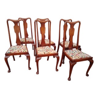 1950's Traditional Queen Anne Style Carved & Embroidered Dining Chairs Set of 6 For Sale