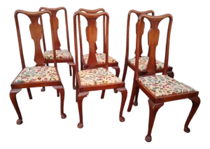 1950's Traditional Queen Anne Style Carved & Embroidered Dining Chairs Set of 6