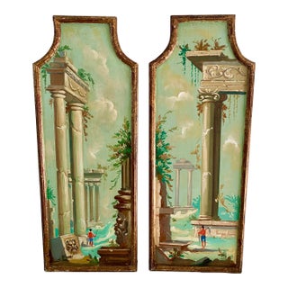 Antique Grand Tour Italian Capriccio Framed Oil on Board Paintings of a Landscape With Ruins, Pair For Sale