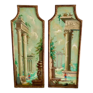 Antique Grand Tour Italian Capriccio Framed Oil on Board Paintings of a Landscape With Ruins, Pair