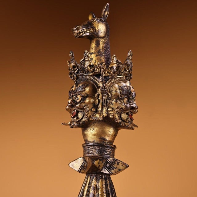 Bronze Monumental Vintage Gilt Bronze Phurba Dagger - Tibetan Mahakala / Hayagriva Ritual Dagger, 26" For Sale - Image 8 of 9