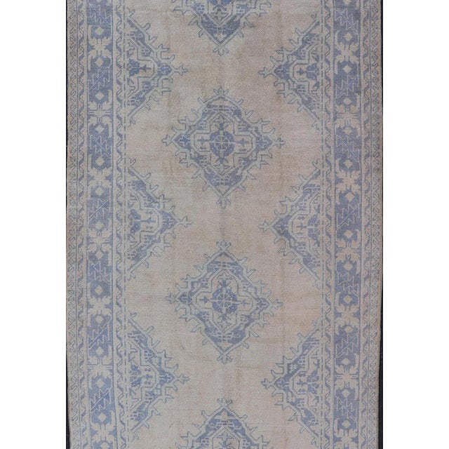 Tribal Turkish Oushak Gallery Rug in Muted Blue and Cream With Geometric Design 5'0 X 12'5 For Sale - Image 3 of 12